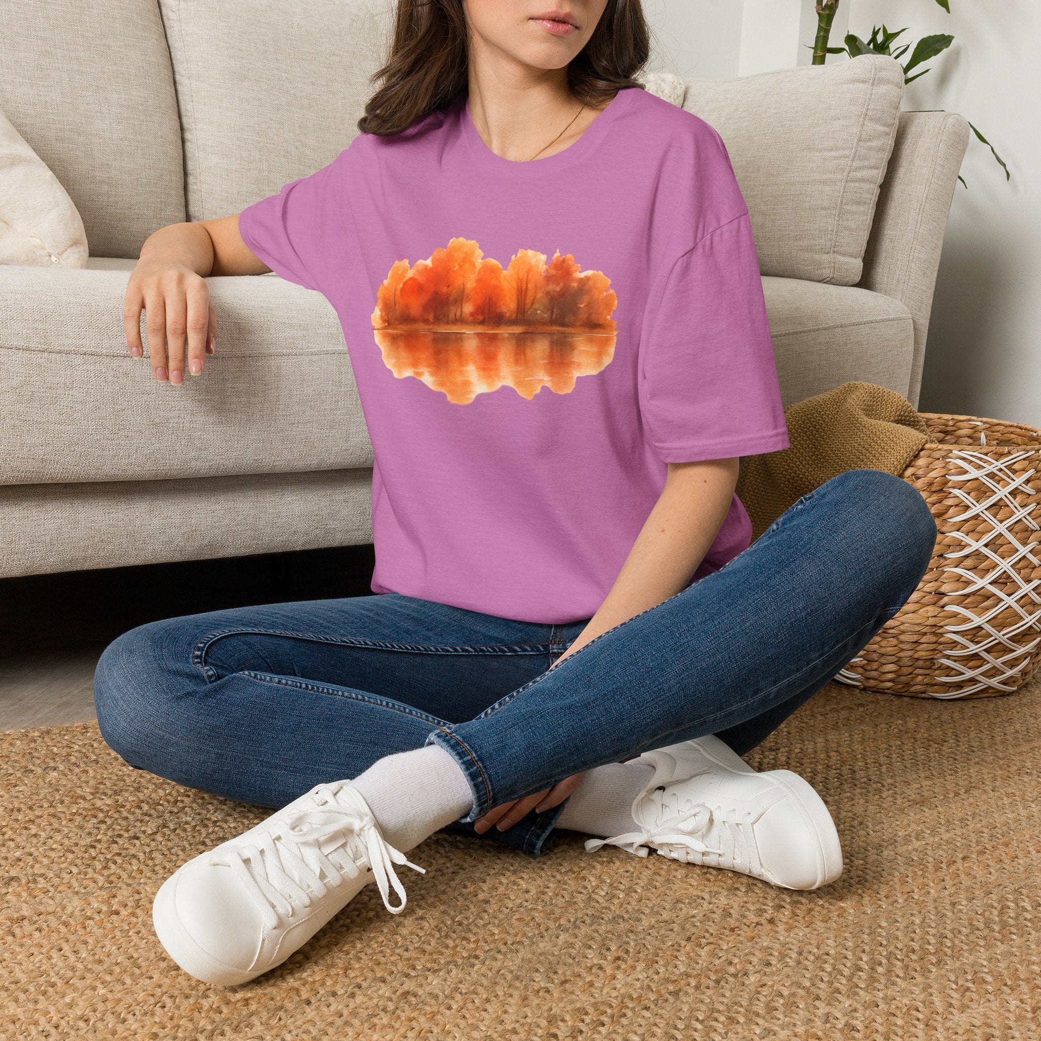 Autumn Lake Reflection T-Shirt — Orange Fall Trees Graphic Tee