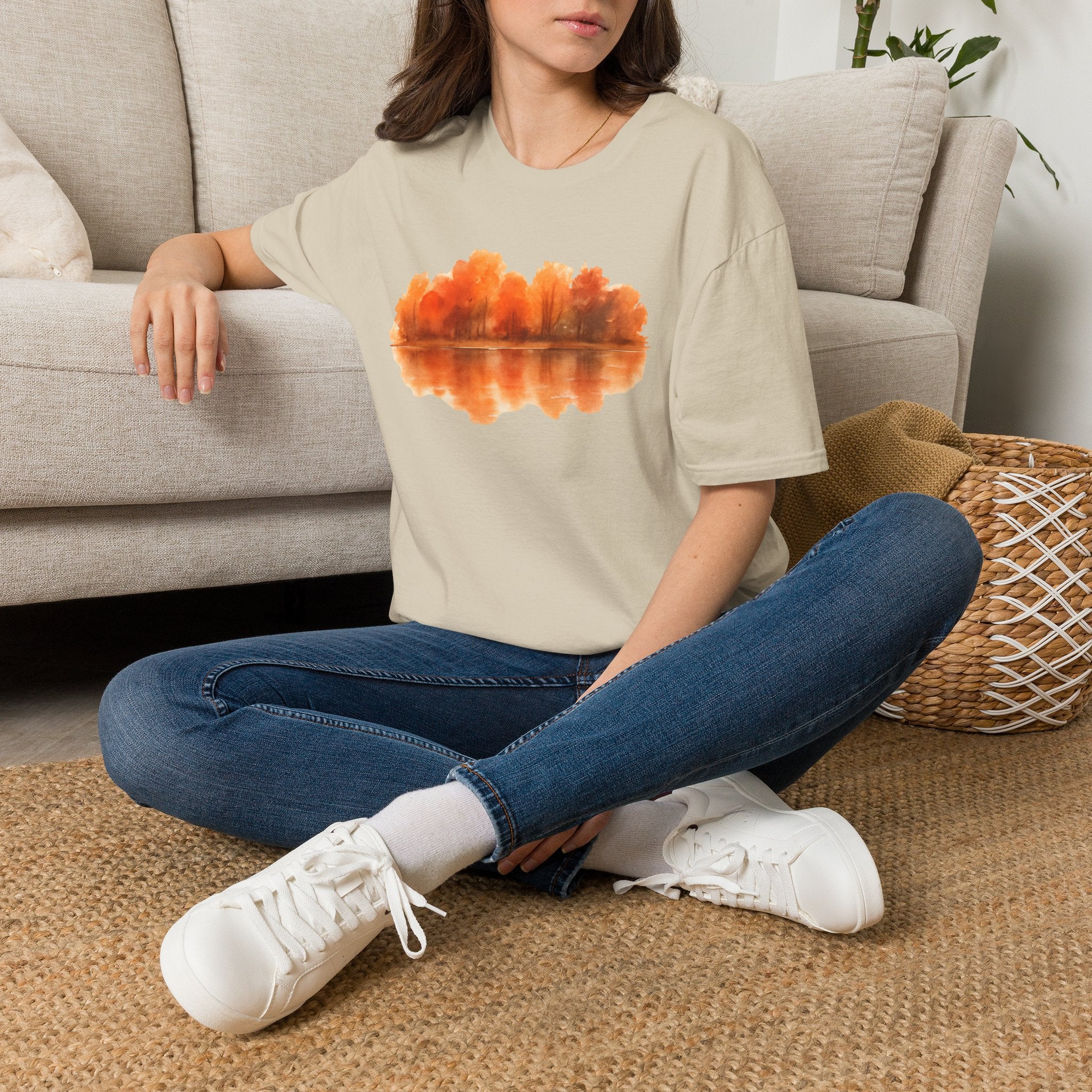 Autumn Lake Reflection T-Shirt — Orange Fall Trees Graphic Tee