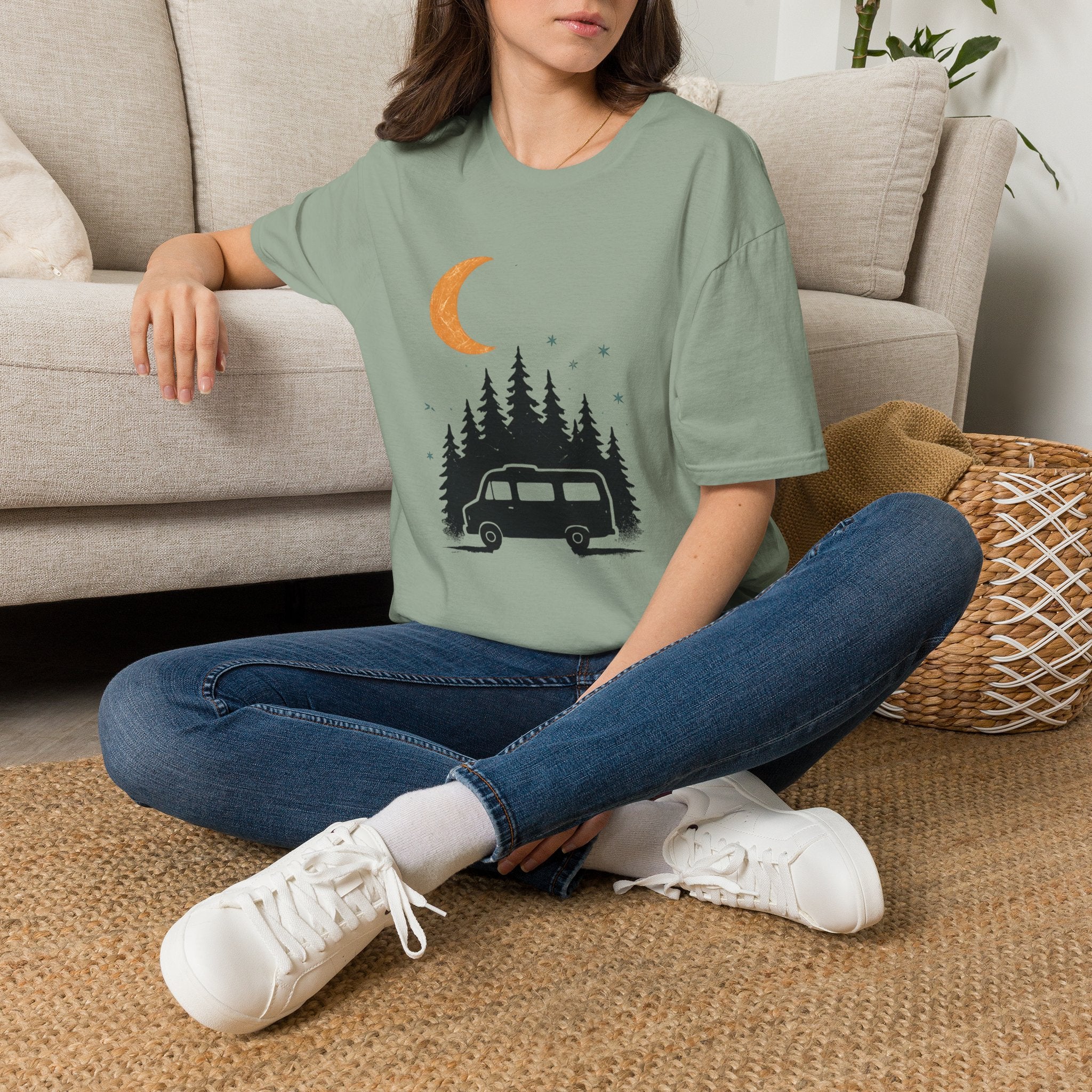 T-Shirt: Retro Camper Night Moon Tee — Forest Van Camping Graphic