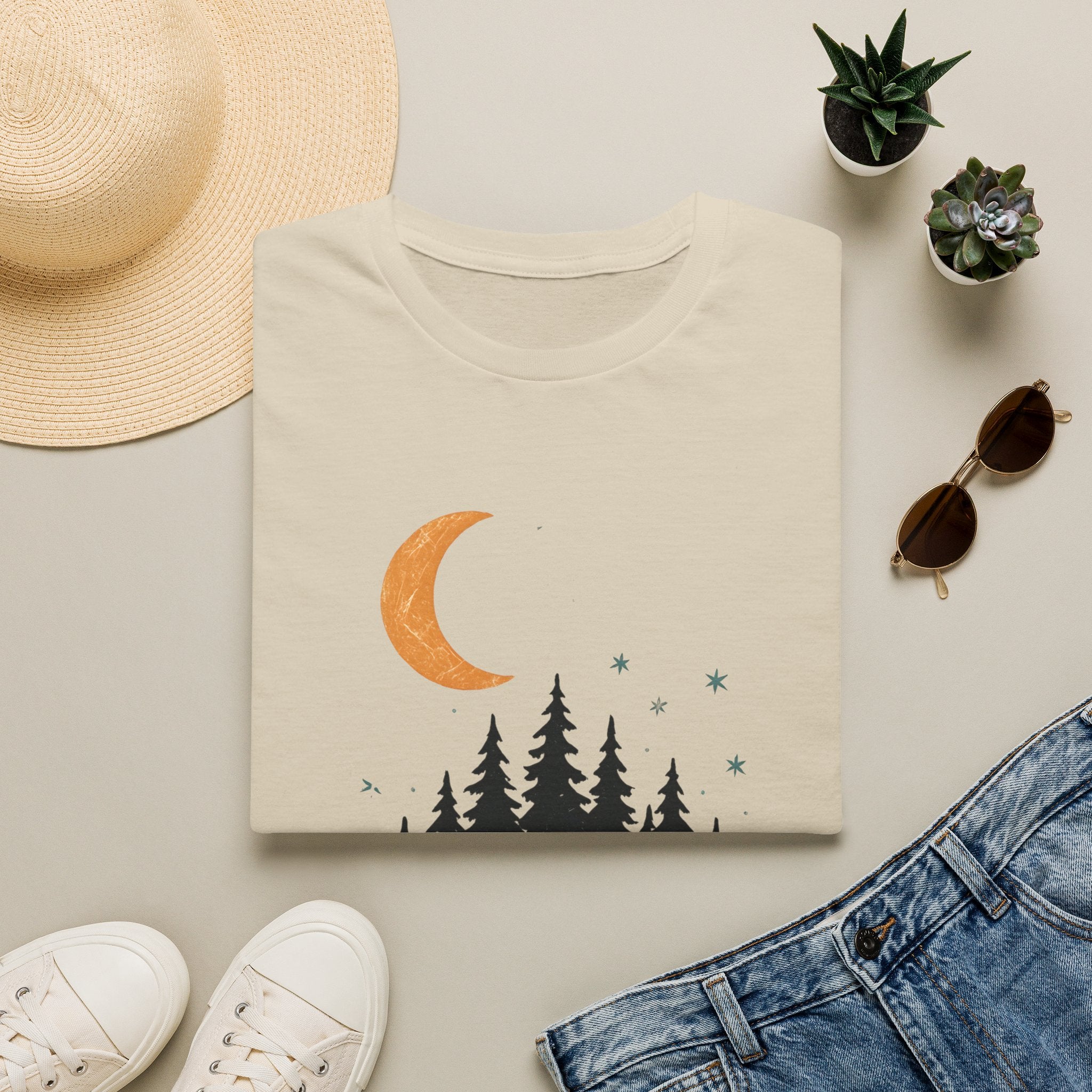T-Shirt: Retro Camper Night Moon Tee — Forest Van Camping Graphic