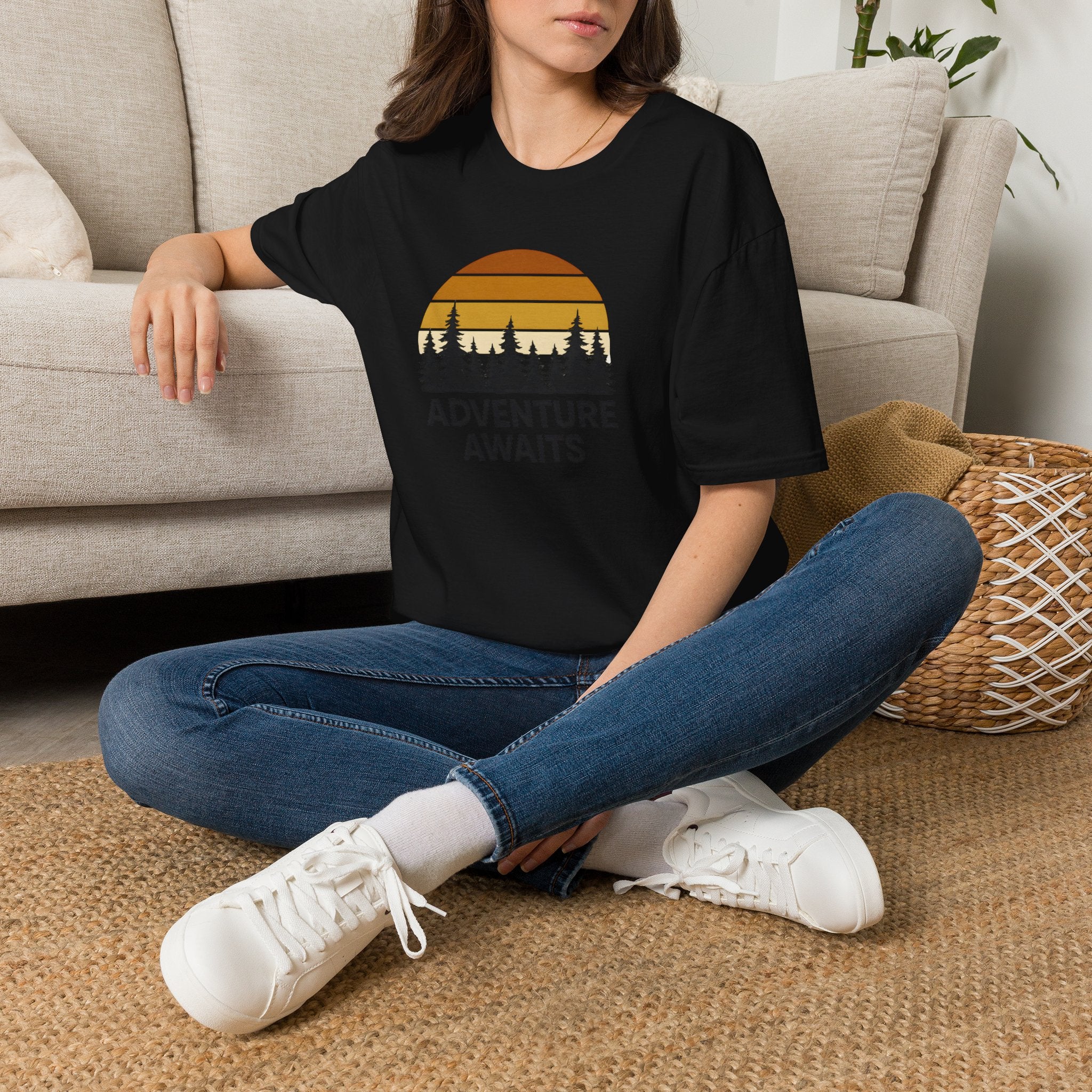 Adventure Awaits T-Shirt — Retro Sunset Forest Graphic Tee