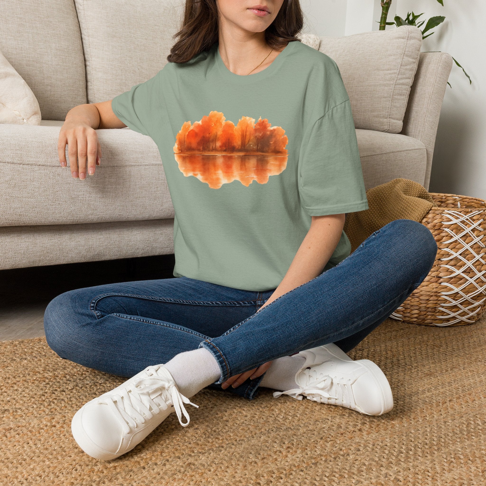 Autumn Lake Reflection T-Shirt — Orange Fall Trees Graphic Tee