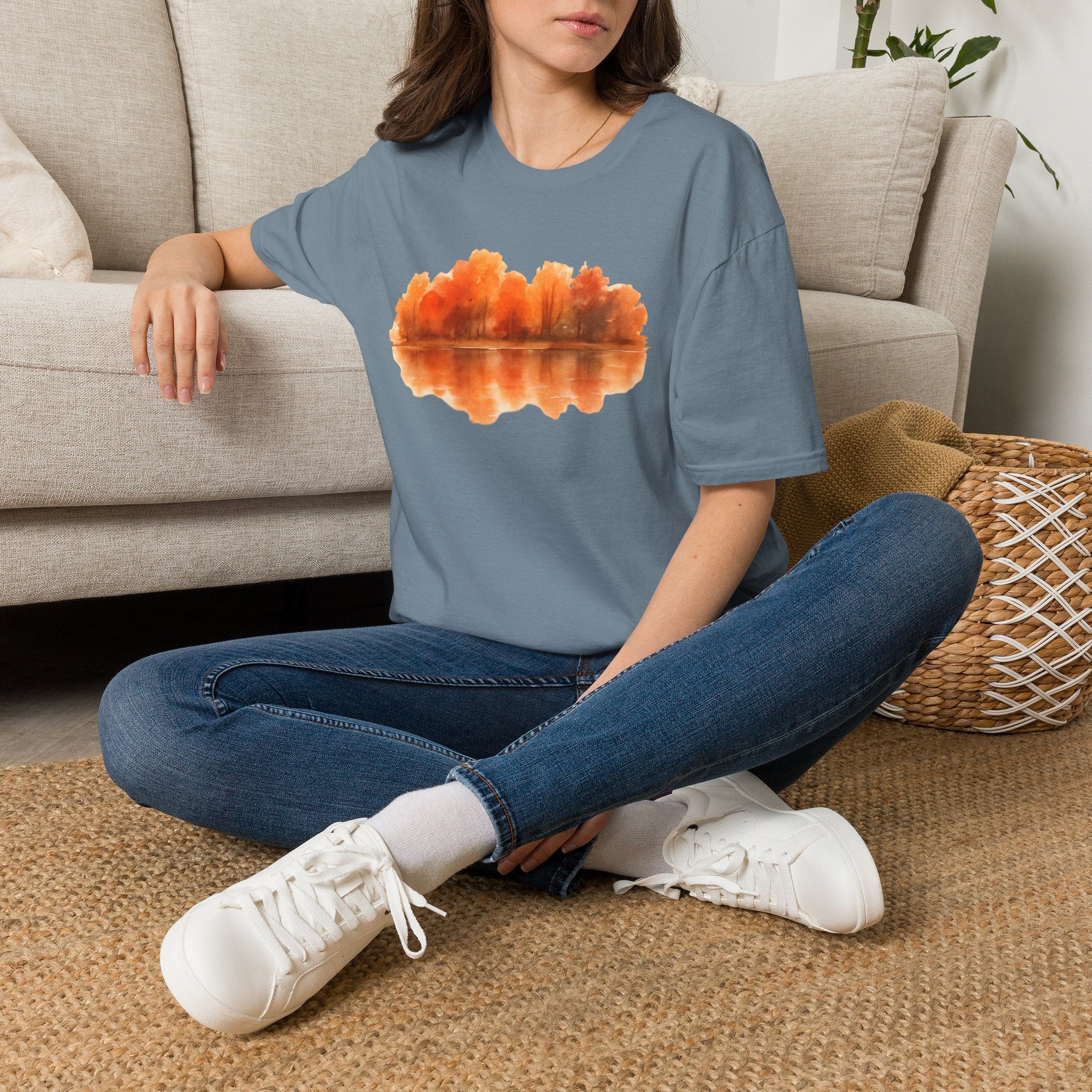 Autumn Lake Reflection T-Shirt — Orange Fall Trees Graphic Tee