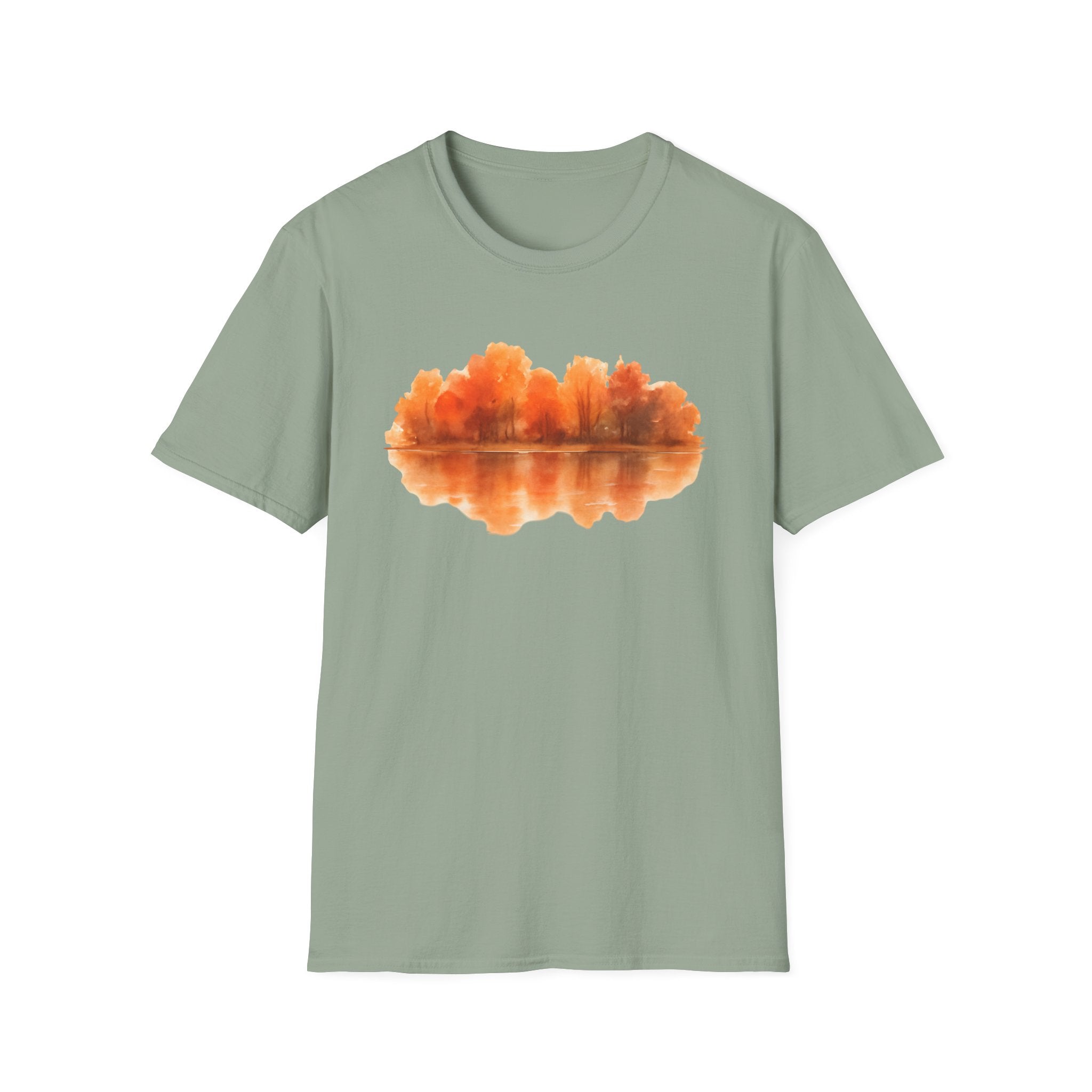 Autumn Lake Reflection T-Shirt — Orange Fall Trees Graphic Tee