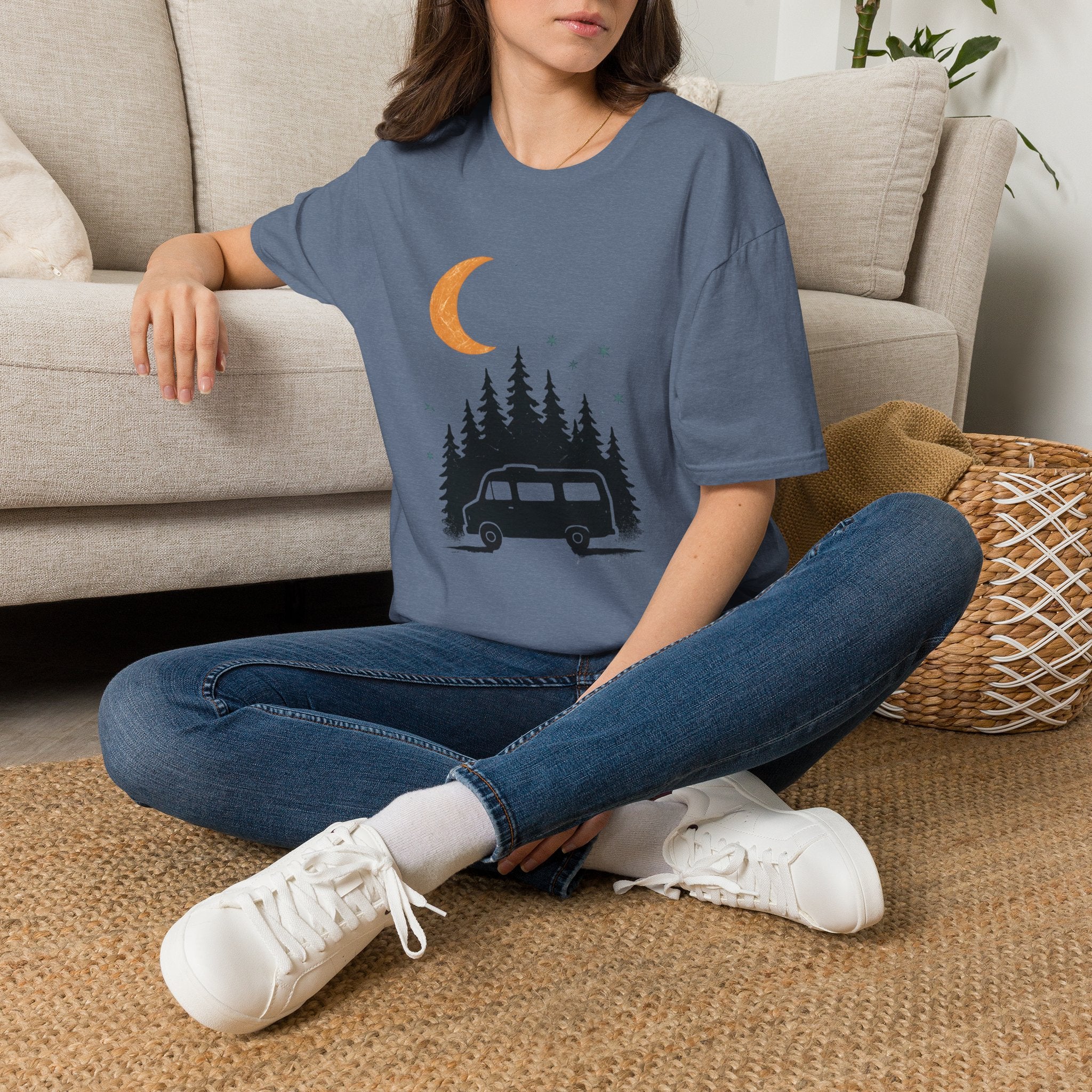 T-Shirt: Retro Camper Night Moon Tee — Forest Van Camping Graphic
