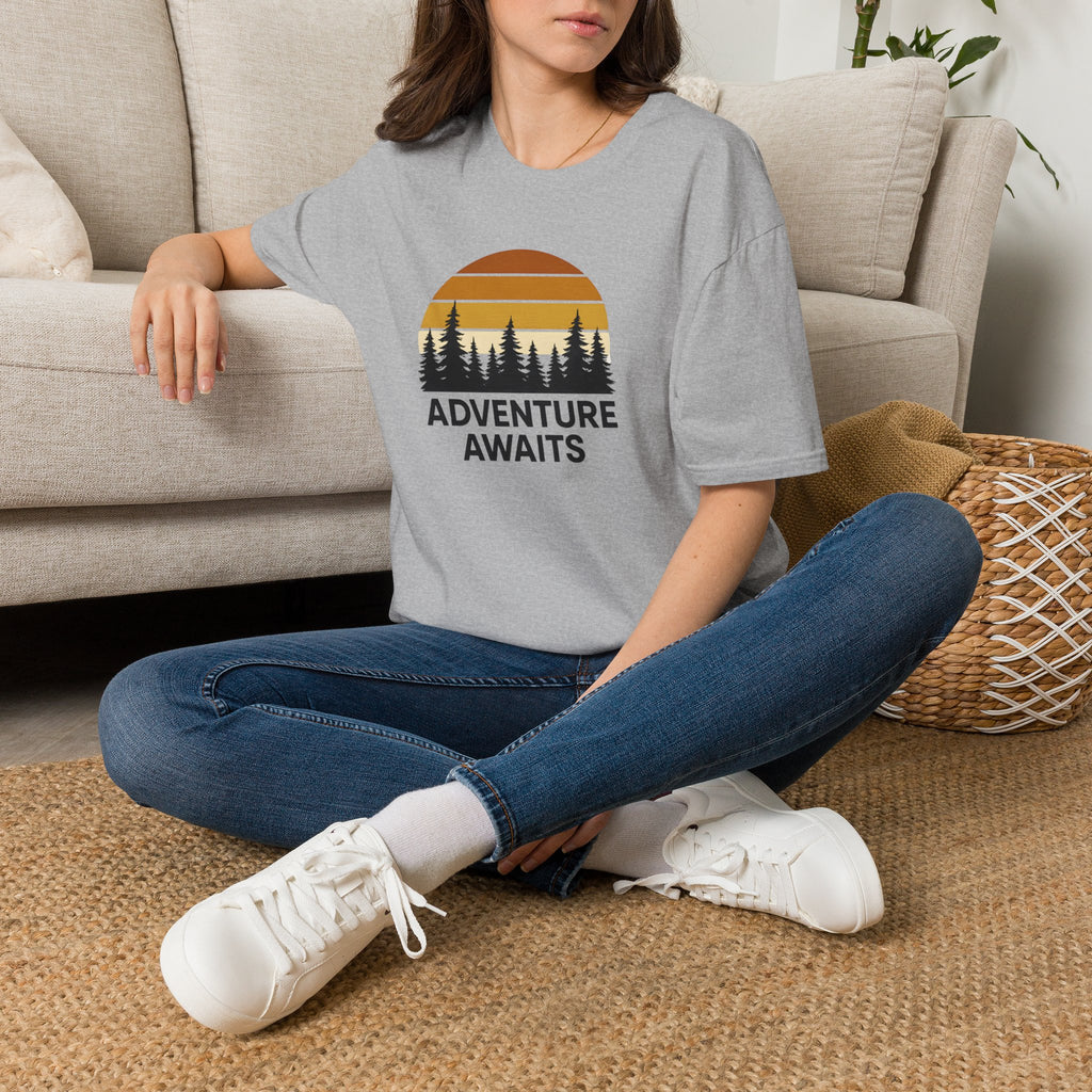 Adventure Awaits T-Shirt — Retro Sunset Forest Graphic Tee
